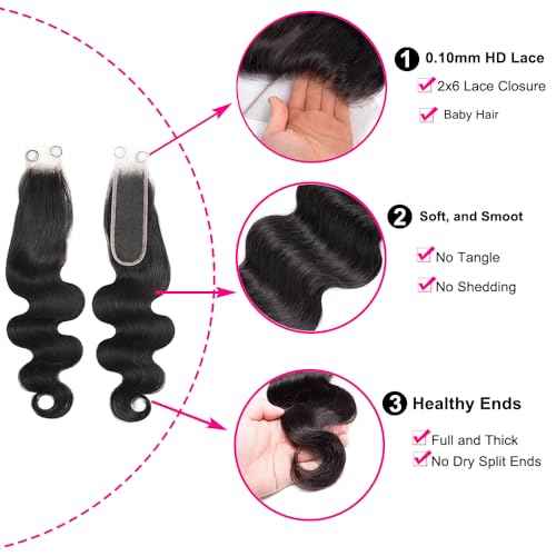 2x6 HD Lace Closure Body Wave 0.11mm Skinlike Undetectable Melted HD Lace Closure with Serrated Edge 12A Unprocessed Virgin Human Hair Closure Pre Plucked with Baby Hair 20 Inch