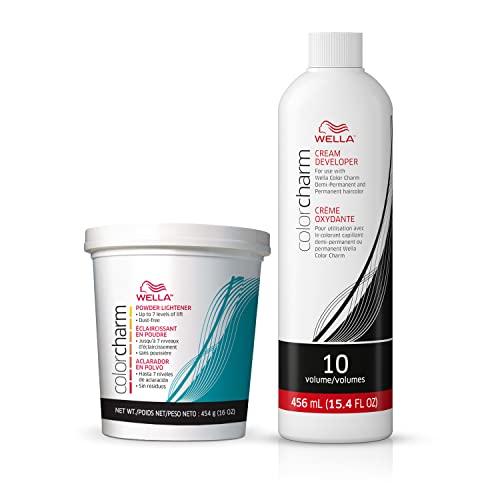 WELLA colorcharm 10 Vol Cream Developer, for Optimal Gray Blending and Rich, Multi-Dimensional End Results, 15.4 oz + WELLA colorcharm Powder Hair Lightener, Up to 7 levels of lift, Dust-free formula