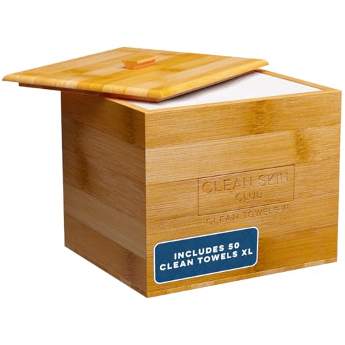 Clean Skin Club Luxe Bamboo container with Removable Cover includes Clean Towels¢ç Original XL 50 Count, Disposable Face Towel Holder for Bathroom Counter