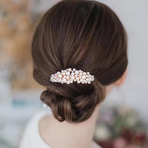 Vintage Pearl Hair Barrettes, Sparkly Wedding Crystal Hair Clips French Dedign Bridal Fashion Bling Rhinestons Hair Pins, Elegant Ponytail Holder, Hairgrip Hair Headwear Accessories for Women Girls