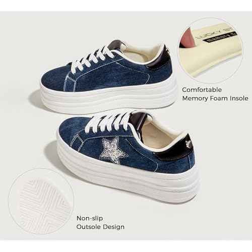 BELOS Fashion Platform Women Sneakers Faux Suede Stars Holographic Rainbow Walking Shoes