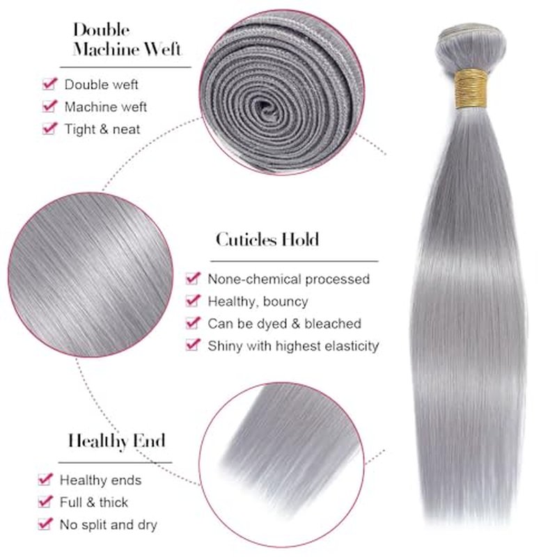 Fridnae Silver Grey Straight Human Hair Bundles - 22/24/26 Inch