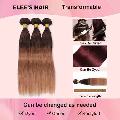 12A Ombre Bundles Human Hair Straight Human Hair 100% Unprocessed Virgin Remy Hair Bundles 2 Tone Black to Honey Brown Human Hair Extensions (T4/30, 12 14 16)
