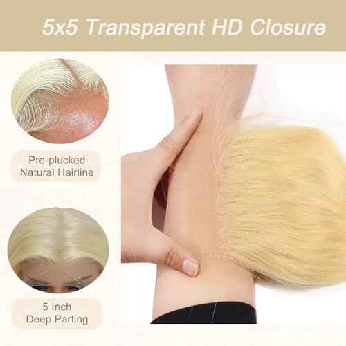 613 5x5 Hd Lace Closure Straight 20 Inch Hd Lace Transparent Deep Part 55 613 0.11mm Ultra-Thin Invisible Skinlike Blond Color 12a Grade Straight Human Hair Pre Plucked With Baby Hair Free Part