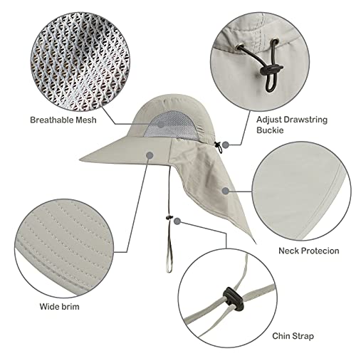 Outdoor Sun Hat for Men with 50+ UPF Protection Safari Cap Wide Brim Fishing Hat with Neck Flap, for Dad Light Grey