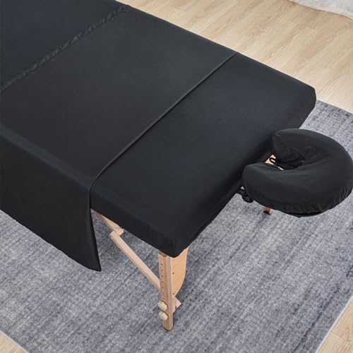 MRJ 3-Piece Microfiber Massage Table Sheet Set with Fitted & Flat Sheets, Face Rest Cover - Black