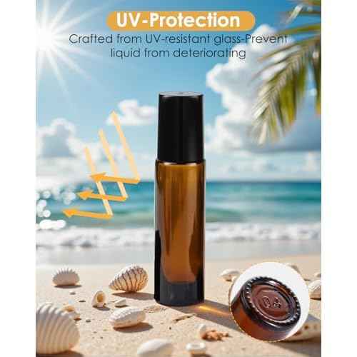 25 Pack Essential Oil Roller Bottles, 10ml Refillable Amber Glass Roller Bottles with Stainless Steel Roller Balls and Caps for Travel, Perfume and Lip Gloss