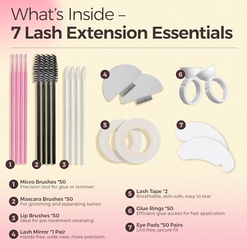 LASHVIEW 253 PCSLash Supplies Kit Lash Essentials Tools Kit Lash Supplies for Perfect Lash Extension & Removal Include Lash Pads/Eyelash Brush/Lash Tape/Glue Rings/Lash Mirror