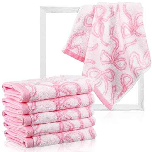 6 Pcs Pink Bow Washcloths 100% Cotton Wash Cloths 13" x 13" Coquette Small Face Towels Absorbent Soft Hand Bath Towels for Bathroom, Spa, Kitchen Drying Cleaning (Classic Style)