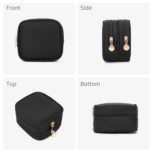 Compact Double Zipper Makeup Pouch - Travel Cosmetic Bag - Black