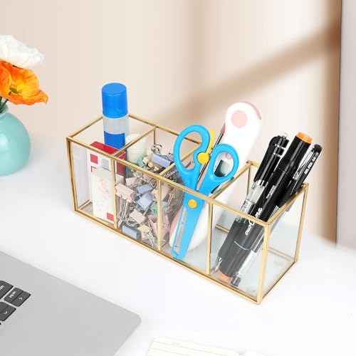 ELEGANTLIFE Clear Glass Makeup Brush Organizer,Luxurious Tempered Glass Cosmetics Brushes Storage Holder for Refined Bathroom Decor (Gold, 4 Sections)