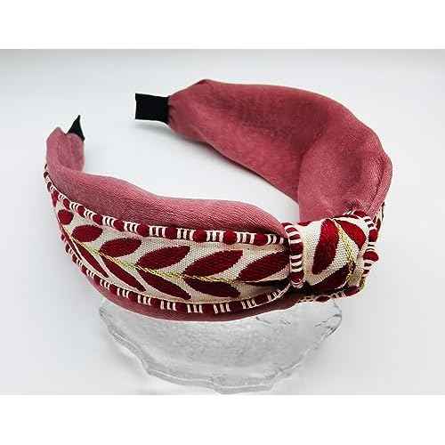 Boho Knotted Red Headband with Handmade Lace Embroidery Leaves Metal Headband for Girls Womens