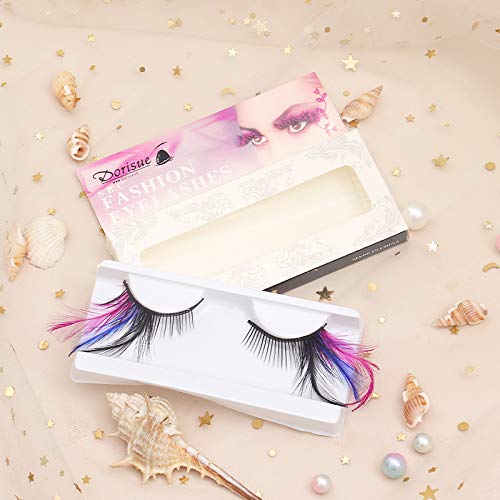 Dorisue Rainbow lashes Black Blue Purple Feather eyelashes Costume halloween eyelashes show False Eyelash Feather lashes Feather extensions for Women Girls at Dramatic events