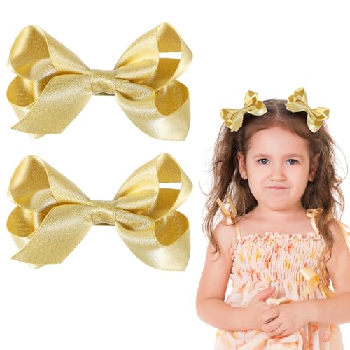 2 Pcs Glitter Gold Ribbon Hair Bows Clips Small Cute Alligator Hairpins 3" for Little Teen Toddler Baby Girls Kids Christmas New Year Gift Wedding Dress Decor Accessories