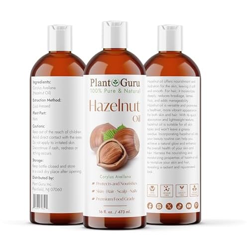 Plant Guru Hazelnut Oil 16 fl. oz. Cold Pressed 100% Pure Natural Carrier - Skin, Face, Body And Hair Growth Moisturizer. Great For DYI Cream, Lotions and Lip balm.