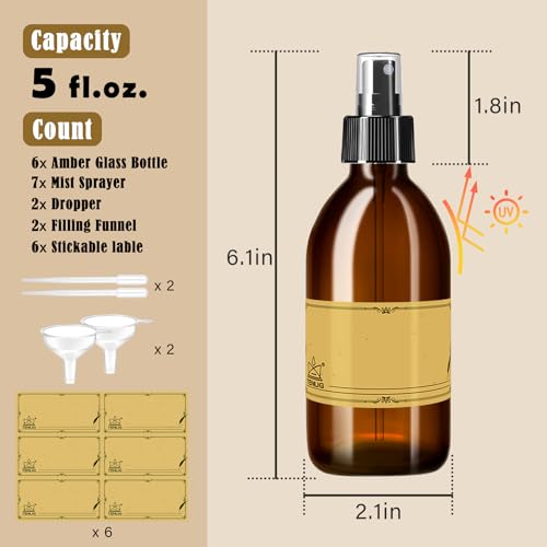 5oz Amber Glass Spray Bottles,6 Pack Small Refillable, for Essential Oils,Cleaning Solutions,Fine Mist for Hair,Facial Hydration,Aromatherapy,Plants,with Durable Nozzle,Labels,Pipettes,Funnels