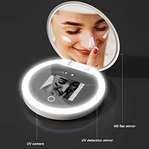 Travel Compact Mirror with Camera, 2X Magnification Portable Mirror with Lights Checking Sunscreen LED Makeup Mirror, 3.5in Folding Travel Mirror