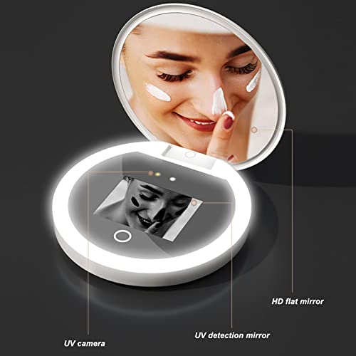 Mirror Sunscreen Testing Camera with Adjustable Brightness, 2X Magnification Travel Makeup Mirror, 3.5in Pocket Size L