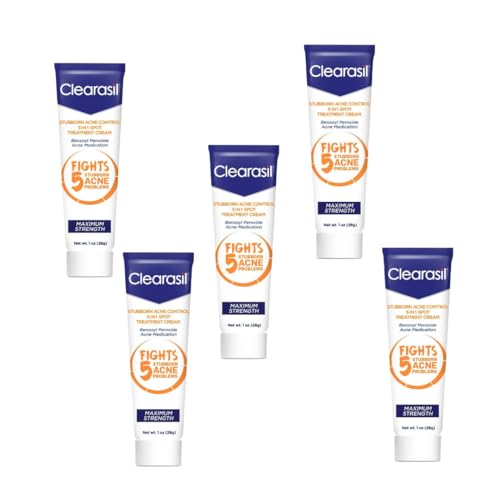 Clearasil Stubborn Acne Control 5in1 Spot Treatment Cream, Maximum Strength, Benzoyl Peroxide Acne Medication, Fights Blocked Pores, Pimple Size, Excess Oil, Acne Marks & Blackheads, 1 oz (Pack of 5)