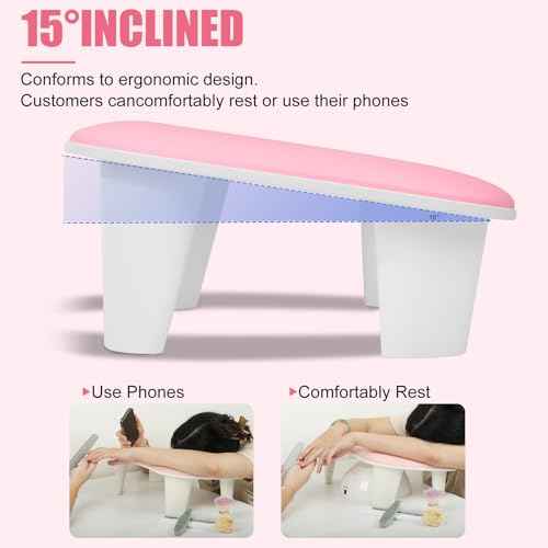 Two Hands Arm Rest for Nails Tech U-Shape Nail Hand Pillow with 6Pcs Nail Files Professional Portable Nail Stand Hand Rest Leather Manicure Rest Stand Salon Manicurist Essentials (Pink)