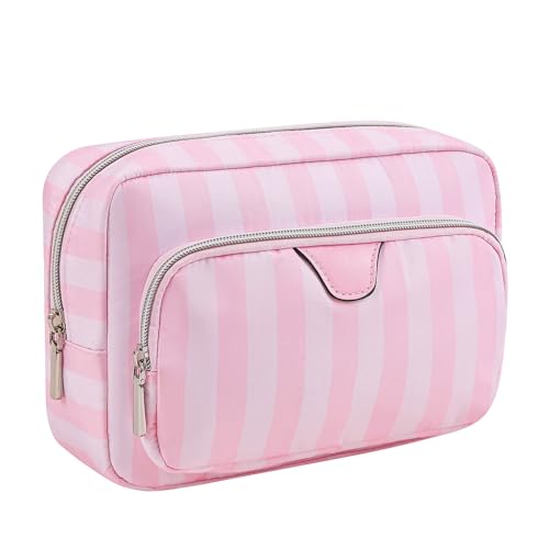 Cute Pink & White Stripe Makeup Bag with Compartments,Nylon Travel Essentials Coquette Cosmetic Bag Organizer Toiletry Bag for Women Girls (02Compartments)