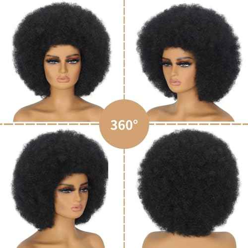Afro Wigs for Black Women 70s Afro Curly Wigs Soft Natural Looking Fluff and Bouncy Black Afro Wigs Synthetic Hair Big Afro Wig for Daily Party Cosplay Costume(Black)