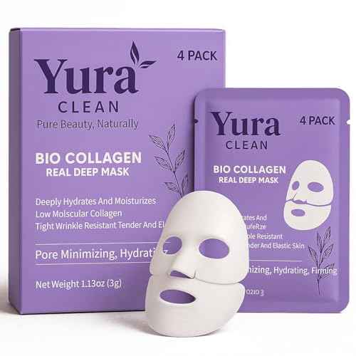 Yura Clean Collagen Face Mask ? Korean Overnight Bio-Collagen Sheet Mask for Glowing, Hydrated & Firm Skin ? Anti-Aging, Moisturizing & Skin Rejuvenation ? 4 Pack ? Ideal Holiday Gift for Women