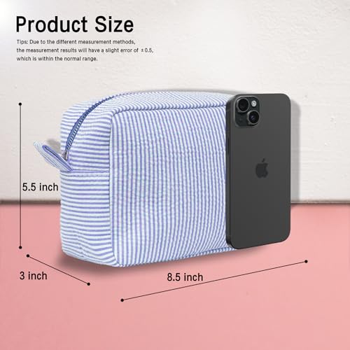 Personalized Seersucker Makeup Bag for Women - Custom Cosmetic Pouch