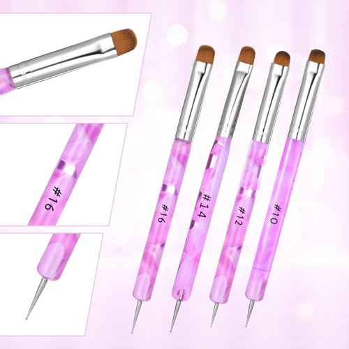 4pcs French Gel Acrylic Nail Art Brush Two Way Nail Art Brush with Dotting Professional Manicure Tool for Manicure Cuticle Clean up Detailed Designs Nail Dotting Pen (10#, 12#, 14#, 16#)