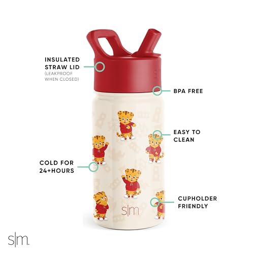 Simple Modern Daniel Tiger Kids Water Bottle with Straw Lid | Reusable Insulated Stainless Steel Cup for Boys, School | Summit Collection | 14oz, Dances