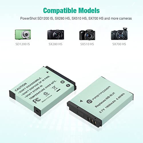 FirstPower 2 Pack NB-6LH NB-6L Batteries and Dual USB Charger Compatible with Canon Powershot S120, SX510 HS, SX280 HS, SX500 is, SX700, D20, S90, D30, ELPH 500, SX270, SX240, SX520