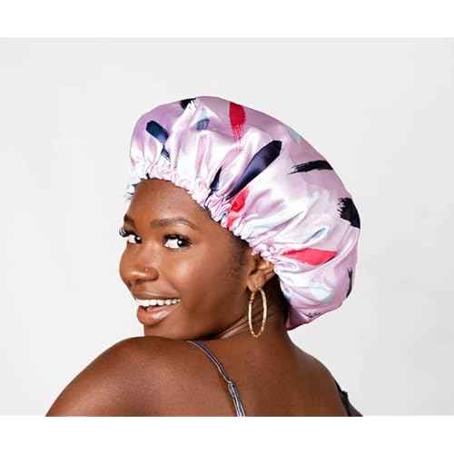 Glow By Daye Satin Bonnet, Double-Layered and Adjustable Satin Sleep Cap, Extra Large, Reversible Free Spirit Pink Brushstrokes