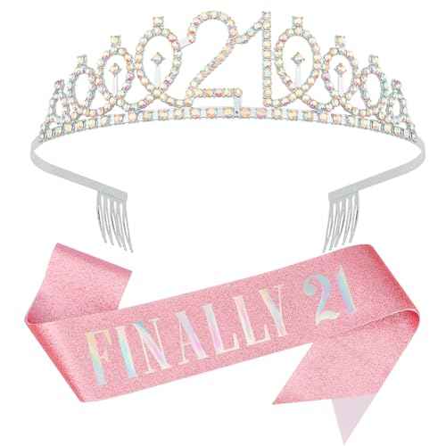 21st Birthday Crowns and Sashes for Women, Princess Tiara Sash Set Elegant Sliver Crown with Combs for Girls, 21st Birthday Decorations for Her Party Hair Accessories Gifts