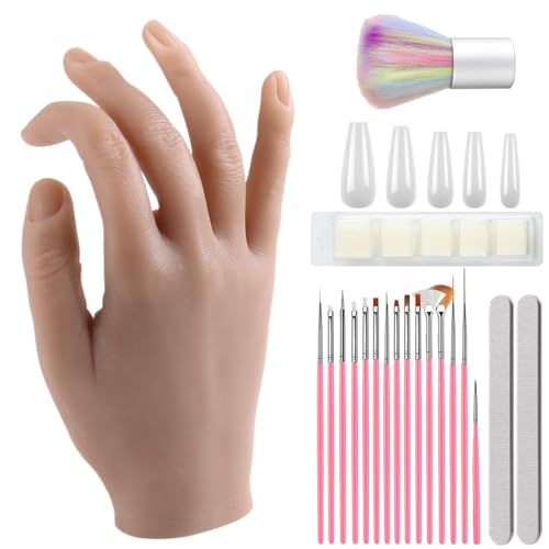 Silicone Practice Hand for Acrylic Nails, Soft Flexible Fake Hand Practice Nail Acrylic Technician Fake Nail Mannequin Hand with 100PCS False Nail Tips, Nail Art Beginner Kit Training Tools