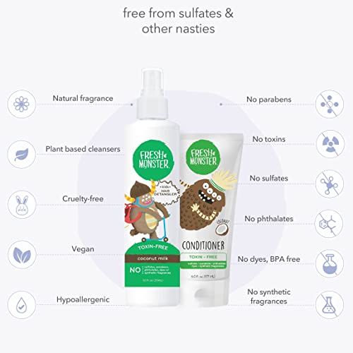 Fresh Monster Kids Hair Detangling Bundle | 8.5 oz Detangler & 6 oz Conditioner | No Toxins | Hypoallergenic | Natural Conditioner | Detangling Spray | Coconut