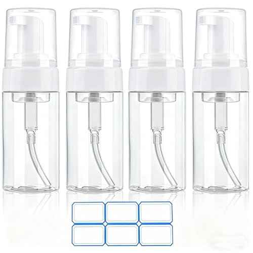 4 Pack 3.4 Oz (100ml) TSA Approved Travel Size Foam Pump Bottles for Toiletries Clear Travel Size Bottles Leak Proof with Labels