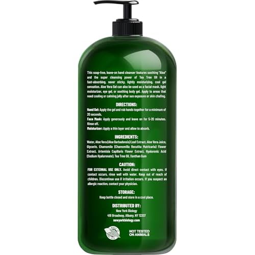 New York Biology Aloe Vera Gel for Face, Skin and Hair - Infused with Tea Tree Oil - From Fresh Aloe Vera Plant - Moisturizing Aloe Vera for Sunburn Relief and Dry Skin - 16.9 Fl Oz - Pack of 2