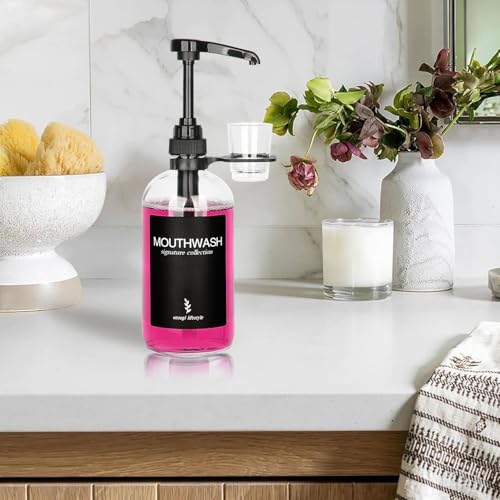 Clear Glass Mouthwash Dispenser with Cup Holder and Pump, 16 Oz