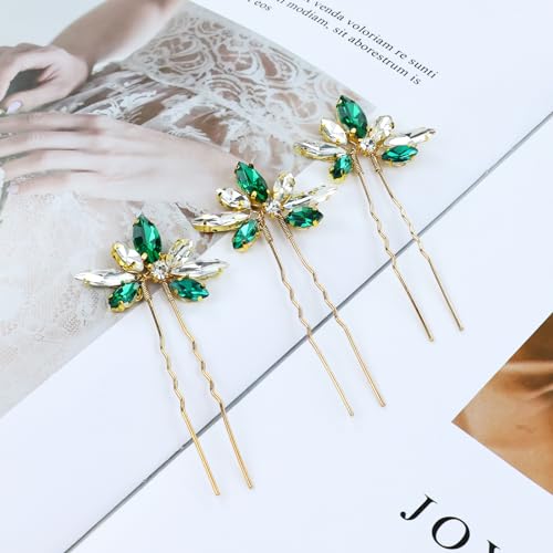 Dizila 12 Pack Gold Metal Emerald Green Rhinestone Party Prom Wedding Bridal U-shaped Hairpins Headpieces Accessories for Brides Bridesmaids Women Girls