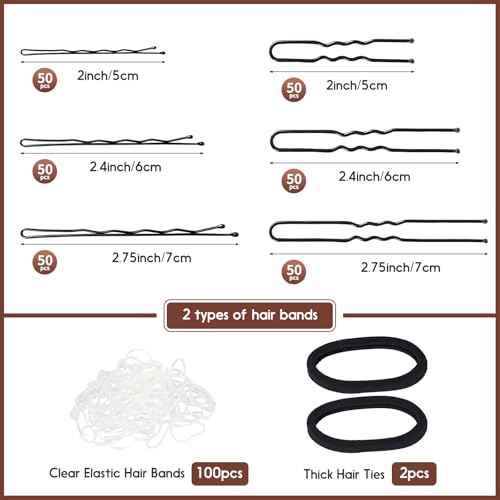 402pcs Bobby Pins U Hair Pins Set, 150pcs Wavy Bobby Pins 150pcs Hair Pins and 102pcs Hair Bands, U Pins for Hair Buns Women and Girls All Hair Types 2inch 2.4inch 2.75inch, Black