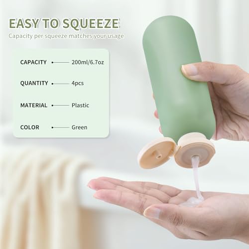 Owlyee 200ml (6.7oz) Refillable Shampoo Bottles 4 Pack with Green Flip Cap