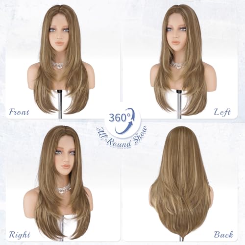Haloo Brown Blonde Wig with Curtain Bangs - Lace Front 24 Inch