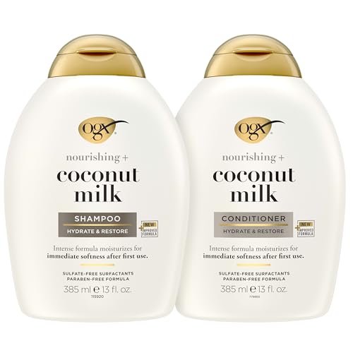 OGX Nourishing + Coconut Milk Sulfate Free Shampoo and Conditioner Set, Hydrates & Softens Hair, Lipi Pro Shield Technology, Creamy Coconut Milk White Peach & Shea Butter Scent, 2 Items, 2 x 13 fl oz