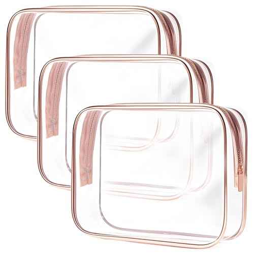 Clear Toiletry Bag, 3 Packs TSA Approved Water resistant Travel Organizer, Airport Airline Travel Essential Carry On Makeup Cosmetic Bags for Women, RosePink - 3 packs