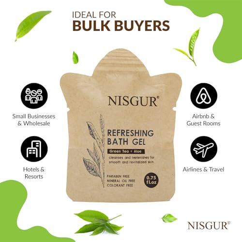 Bulk Travel Size Body Wash 0.75 oz 100 Pack Non Plastic Hotel Bath Gel Kraft Paper Pouch Travel Shower Gel Aloe and Green Tea Extract Infused Hotel Supplies and Toiletries for Guest