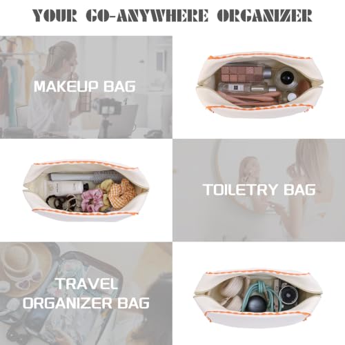 THOVSMOON Canvas Makeup Bag for Women Natural & Orange Rick Rack Trim
