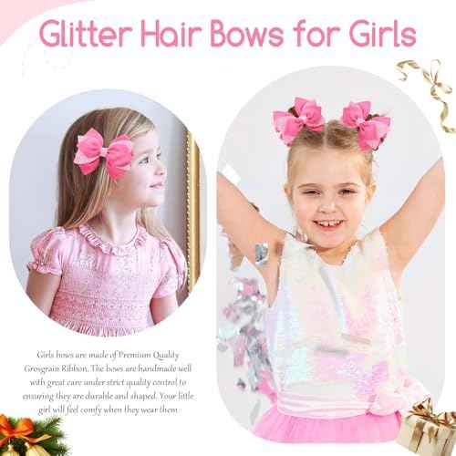 4 Inch Sparkly Glitter Pink Hair Bow Clips for Girls Boutique Sequin Alligator Barrettes Pins for Teens Toddler Children Kids Grosgrain Hair Accessories for Christmas Halloween Fall Birthday