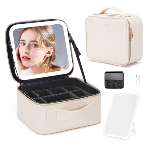 Makeup Bag with Mirror | Partitionable Professional Makeup Organizer | Large Travel Makeup Bag for Women | Cosmetic Case for Daily & On-the-Go Use (Ivory)