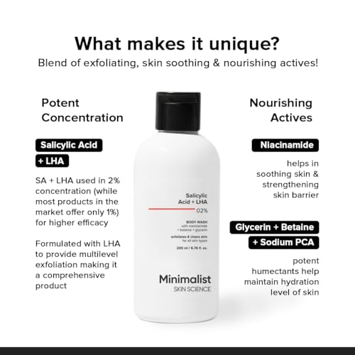 Minimalist Salicylic Acid +LHA 2% Body Wash | Acne Body Wash for Exfoliating, Excess Sweat, Rough & Bumpy Skin | Sulphate (SLS) & Dye Free | Shower Gel For Women & Men | 6.76 Fl Oz / 200 ml