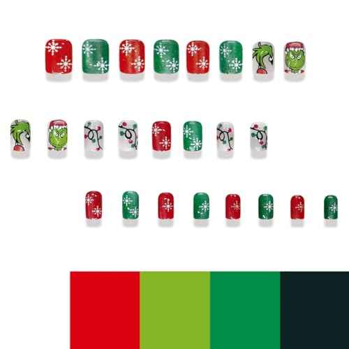 Christmas Press on Nails Short Square Fake Nails with Snowflake Green Monster Cute Cartoon Designs Xmas Nails Glitter Red Green Winter False Nails Full Cover Christmas Glue on Nail for Women 24Pcs